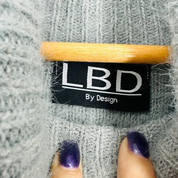 LBD Gray Fuzzy Long Balloon Sleeve Turtleneck Knit Short Sweater Dress Size S - Picture 7 of 9